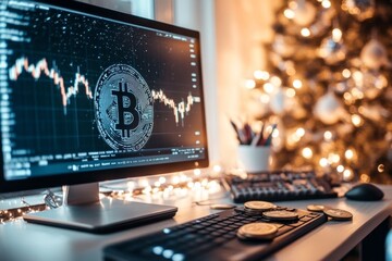 Poster - A modern desk setup with a computer displaying cryptocurrency trading data and coins scattered on the surface