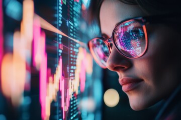 Poster - A neon-lit cyberpunk stock market with traders interacting with holographic screens and glowing graphs in a dark, futuristic environment