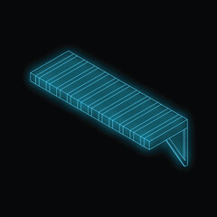 Poster - Empty wooden shelf glowing with blue neon light on black background, isometric view