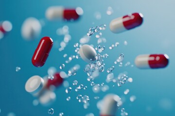 Wall Mural - A bunch of pills are floating in the air, with some of them being red and white. The scene is set against a blue background, giving it a calm and serene atmosphere