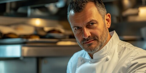 Wall Mural - A man in a chef's uniform stands in front of a kitchen counter with a plate of food in front of him