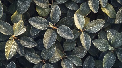Aufkleber - Close-Up View of Lush Green Leaves Glistening with Water Drops from Morning Dew, Showcasing Nature's Beauty and Refreshing Atmosphere in a Tranquil Setting