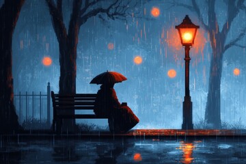 Poster - A pixel art depiction of a small character sitting on a bench under a streetlight, with falling rain and a tiny puddle reflecting the soft glow of the light