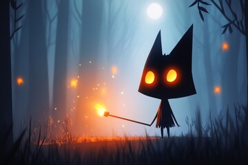 Poster - A pixel art scene of a small character walking through a dark forest, their torch casting limited light as glowing eyes peer from the shadows
