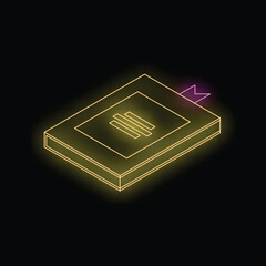 Poster - Neon yellow book icon glowing on a black background, perfect for technology and education themes