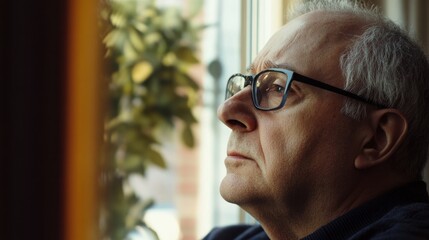 Wall Mural - A man with glasses looking out the window. He is wearing a blue sweater. The man is looking at something outside, but it is not clear what he is looking at