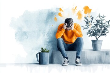 Aufkleber - A simple illustration of a person sitting on the edge of their bed, holding their head in their hands, drawn with soft, muted tones on a white background