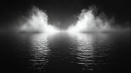 Poster - On an isolated background, an explosion chemistry smoke bomb is depicted. Overlaid with freezing dry fog bombs texture, a reflection is also shown in water