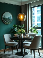 Poster - Green interior featuring a dining table, plants, and decor. 3D render illustration mockup