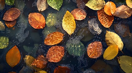 Aufkleber - A Beautiful Display of Autumn Leaves Floating on Water with Bubbles, Capturing the Essence of Fall in Vibrant Colors and Natural Patterns