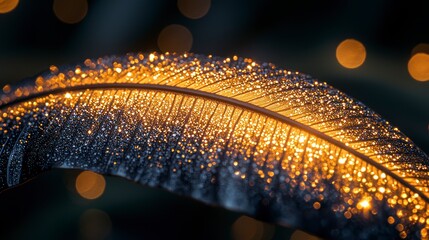 Wall Mural - Close-up of a dew-covered leaf with glowing highlights