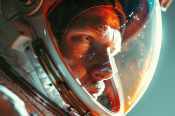 Wall Mural - a man in a space suit is looking out of a helmet. the helmet is clear and the man's face is visible.