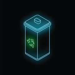 Poster - Glowing neon line recycle bin with sign isometric icon isolated on black background