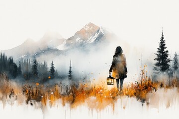 Poster - A watercolor painting of a foggy forest with a lone figure holding a lantern, their light creating soft, diffused edges against the deep greens and grays