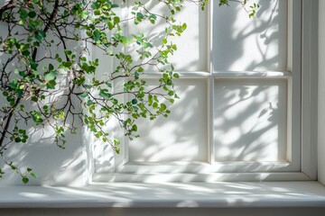 Poster - Abstract scene featuring a gray window shadow and light blur against a white wall, with overlay