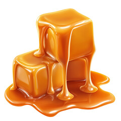 Aufkleber - Two glossy caramel cubes melt together, their sweet liquid dripping onto a dark background.