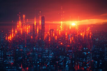 Poster - Cityscape at night with blurred lights and a graph line overlaid, representing data analysis