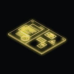 Poster - Yellow glowing neon line planning board with charts, analytics, graphs, and development with the target symbol on black background