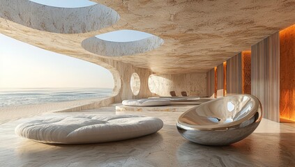 Poster - Abstract scenery of sand cliffs with a metallic podium stand. Desert backdrop in surreal natural landscape. View of a desert with polished metallic geometric arches. 3D Render