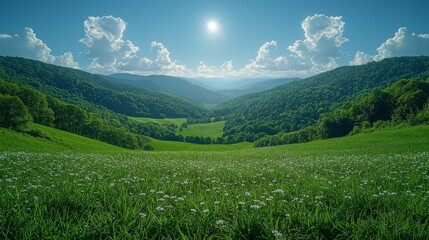 Nature's beauty is captured in the blue sky and green landscape, creating a stunning visual