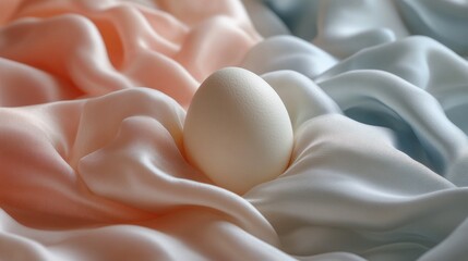 Wall Mural - Simple white egg resting on soft, pale fabric in a serene setting