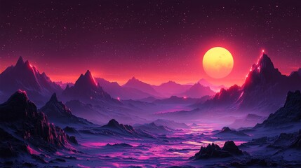 Poster - In an abstract 3D rendering, purple neon light waves flow over a dark mountain range, embodying the essence of a futuristic, otherworldly terrain through vibrant digital art