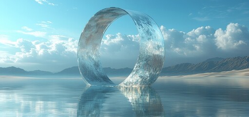 Poster - A surreal desert setting with abstract dune cliffs and metallic arches, set against a clear blue sky. 3D Render