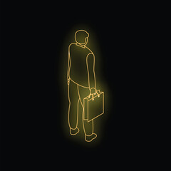 Wall Mural - Neon yellow glowing man walking away carrying shopping bag on black background