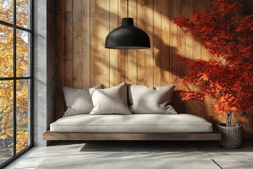 Poster - A stylish, modern wooden entrance hallway decor featuring a cozy wooden tone, set within a contemporary home that includes a desk, a stand, and a shoe bench