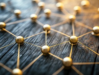 Poster - This visually striking representation of networking concepts features golden balls and intricate wires on a rustic wooden background, symbolizing connectivity and communication in modern systems
