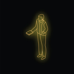 Poster - neon yellow glowing businessman holding a book, simple outline on a black background