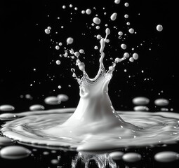 Wall Mural - High-quality free royalty stock photo of a pure milk splash isolated on black. Features realistic milk overlay, hydro explosion, and aqua dynamic motion element with spray droplets