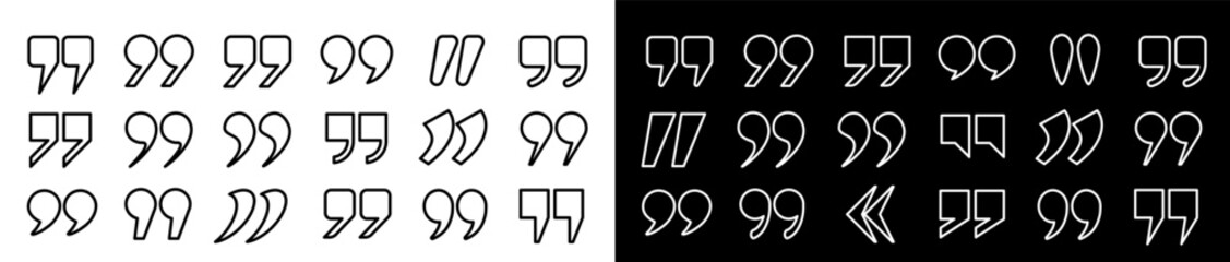 Poster - A set of icon outlines in the form of quotation marks on a white and black background. A set of quotation marks, isolated round and square vector icon in the form of a comma. Vector EPS 10.