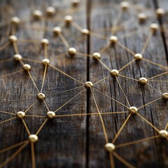 Aufkleber - A striking illustration features intricate connectivity networks with gold wires and colorful beads on rustic wood, highlighting internet communication concepts in an engaging, creative design