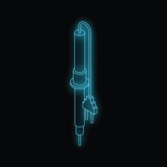 Poster - Neon blue isometric soldering iron with cable and plug glowing on black background, ideal for electronic projects, diy, and repair work