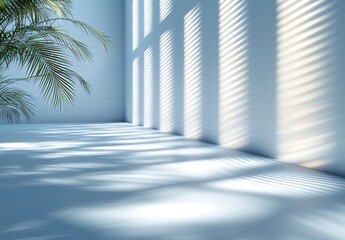 Poster - A leafy tree plant's shadow cast over a white wall with sunlight enhancing the effect; minimal blurred surroundings; summer tropical ambiance
