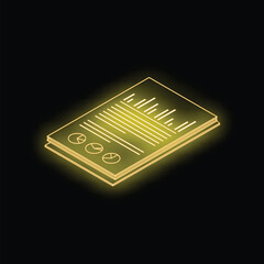 Poster - Isometric view of financial documents with charts and graphs glowing neon yellow on a black background