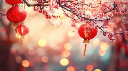 Wall Mural - traditional red lanterns embellished with gold details hang from blooming cherry branches, radiating