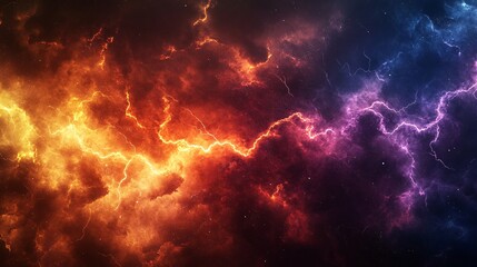 Poster - A vivid cosmic display of swirling orange, purple, and blue nebulae illuminated by electric lightning.