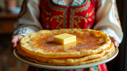 Traditional Russian Maslenitsa with a woman in folk attire holding a tray of pancakes.