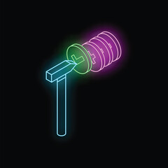 Poster - neon hammer hitting cryptocurrency coins, symbolizing mining or forging process