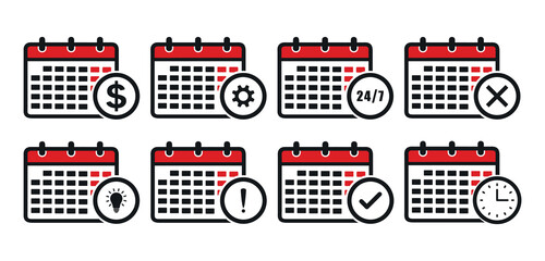Poster - calendar icon. black and white check mark, clock, gear, dollar, bulb icon set vector silhouette. cal