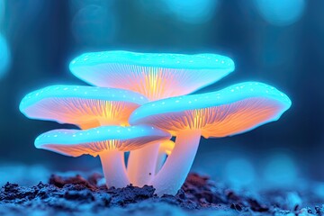 Poster - close-up of bioluminescent mushrooms glowing softly in dark forest ethereal neon blue hues against e