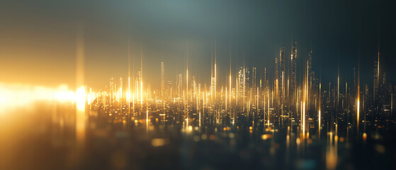 Poster - sleek futuristic city skyline with golden light beams