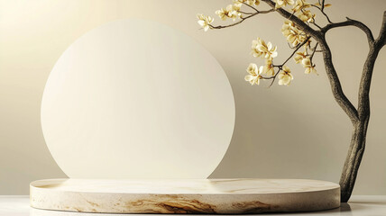 Poster - Minimalist background with round platform and elegant branch