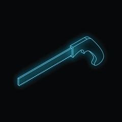 Poster - isometric view of a glowing neon blue hand saw on a black background, representing construction, diy