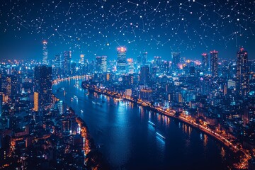 Poster - Cityscape adorned with digital overlays and connecting lines