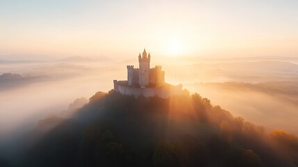 Poster - grand medieval castle atop hill surrounded by misty forests warm sunrise light hitting its stone wal