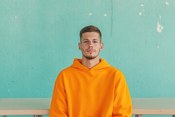 Poster - joyful migrant in shelter or school or dining in cafeteria minimalistic portrait or back view featur
