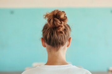 Poster - joyful migrant in shelter or school or dining in cafeteria minimalistic portrait or back view featur
